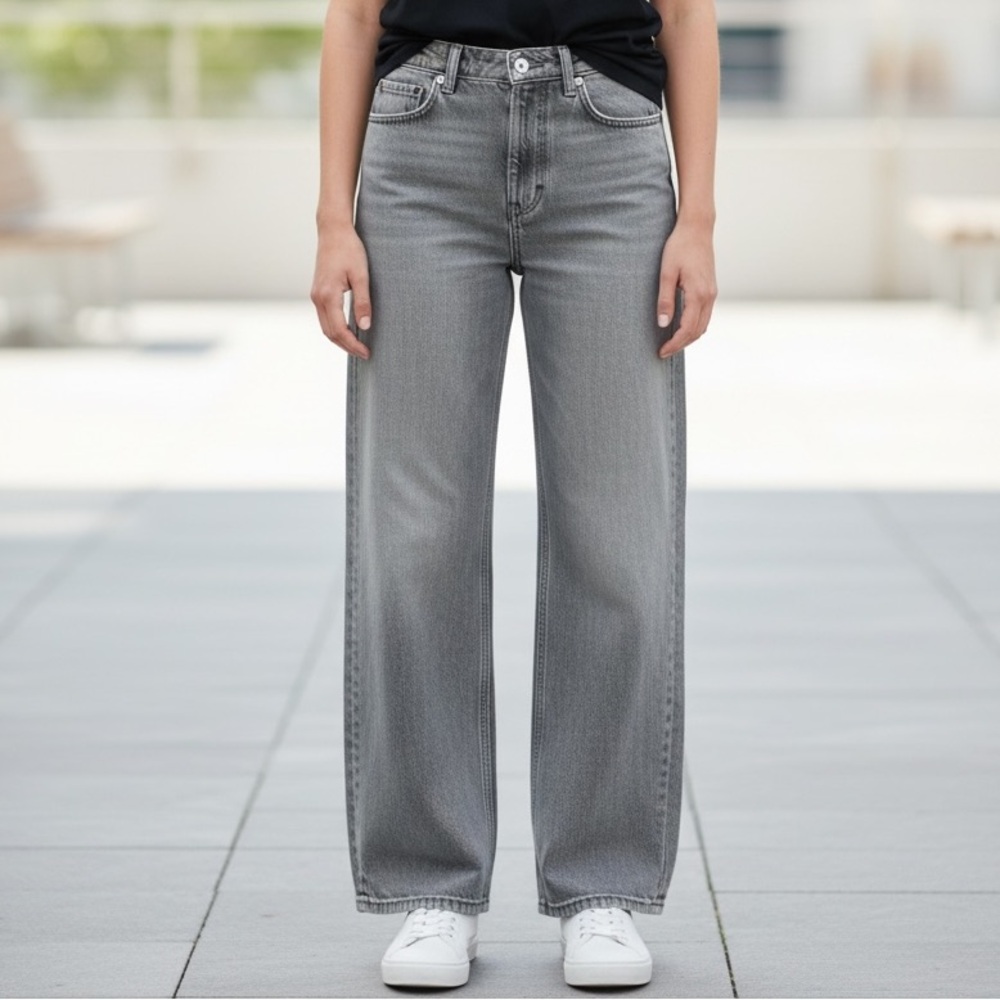 Zara Gray Denim Jeans High Rise Wide Leg Distressed Boys Girls size 12-13